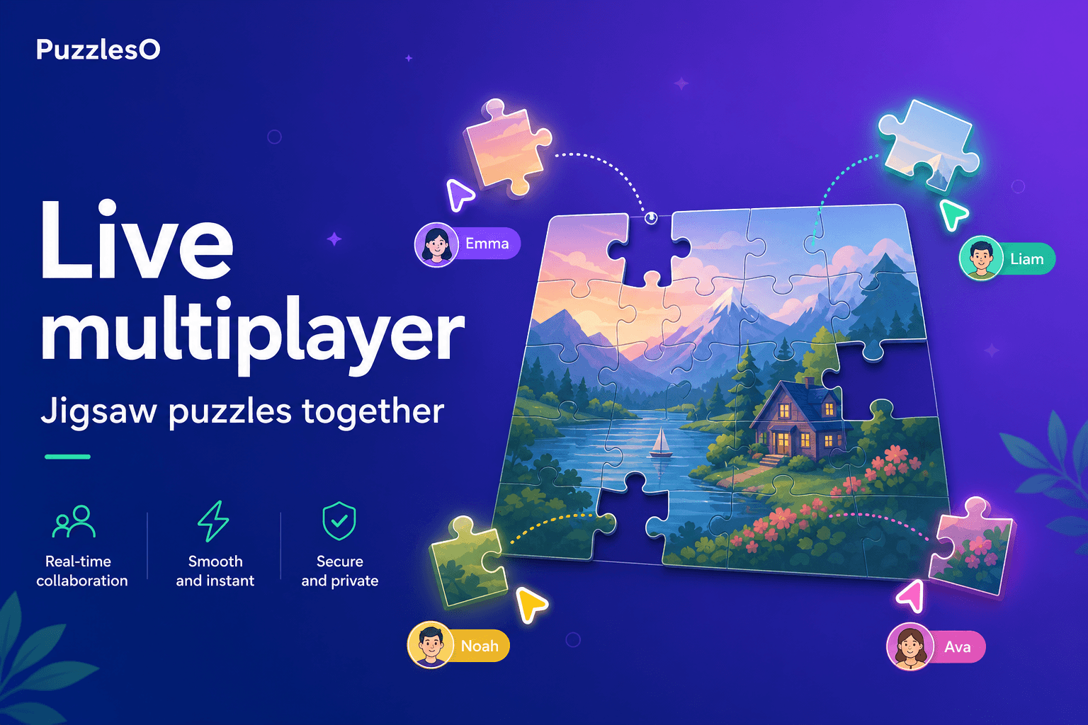 Live multiplayer jigsaw puzzles — collaborate on the same board in real time with PuzzlesO